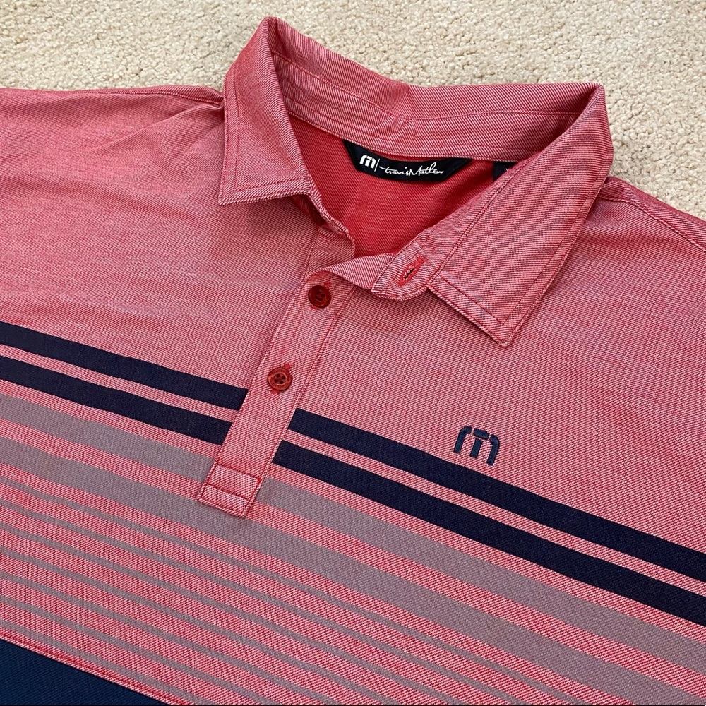 TravisMathew Red Striped Polo with Navy Accents